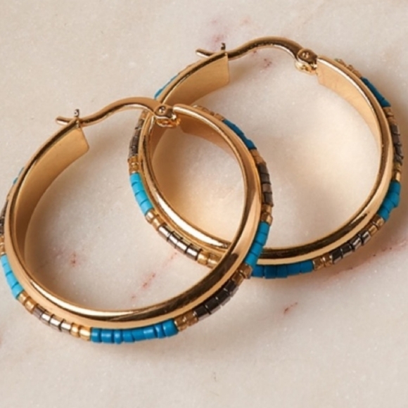 Beaded Gold Hoop Earrings - Picture 5 of 11